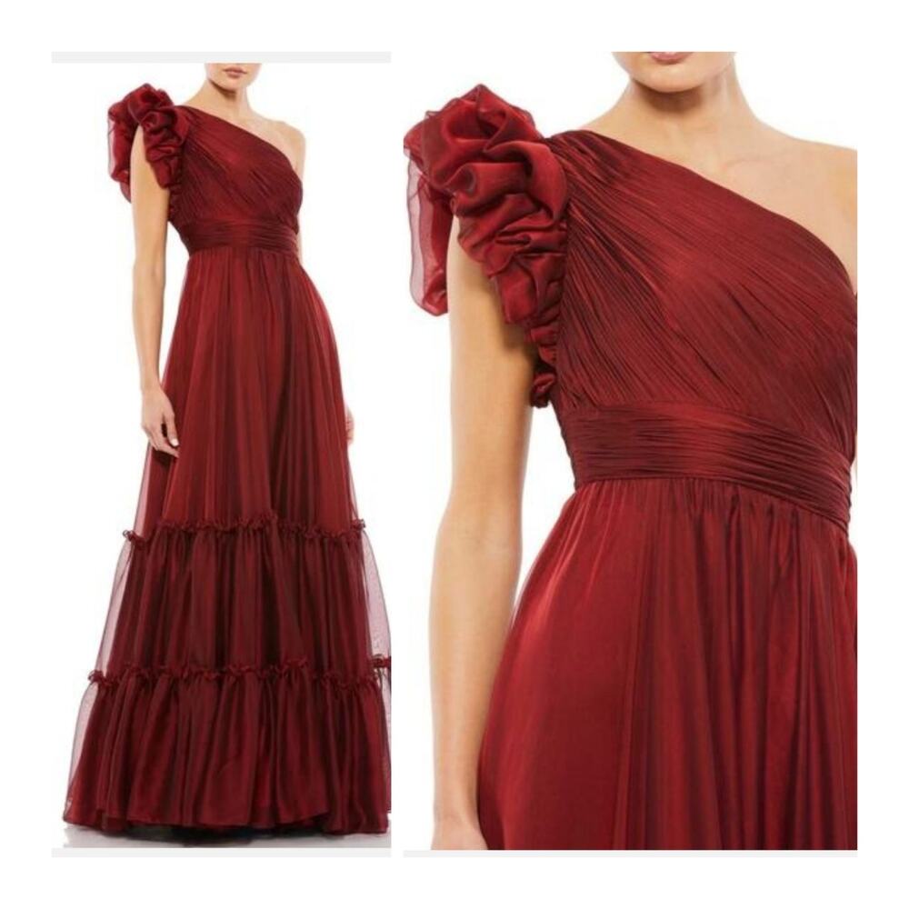 Mac Duggal 67878 Formal Red One Shoulder Dress Maxi A Line Gown 16 Burgundy Wine